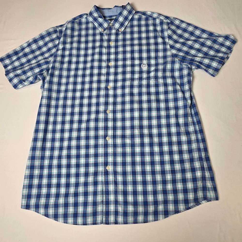 Chaps Button Down Shirt Mens Large Blue Plaid Short Sleeve Easy Care Pocket